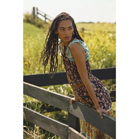 by Anthropologie Ruffled Floral Midi Dress Black Motif Boho Size Large H14101 - Picture 12 of 12